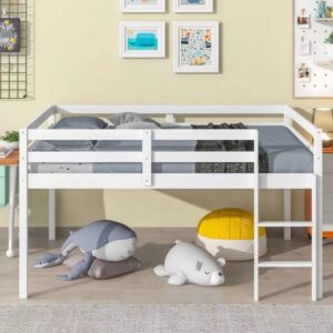 harper & bright designs full loft bed for kids,solid wood low loft bed with guardrails and ladder,full size junior loft bed with underneath space for boys or girls,no box spring needed, white