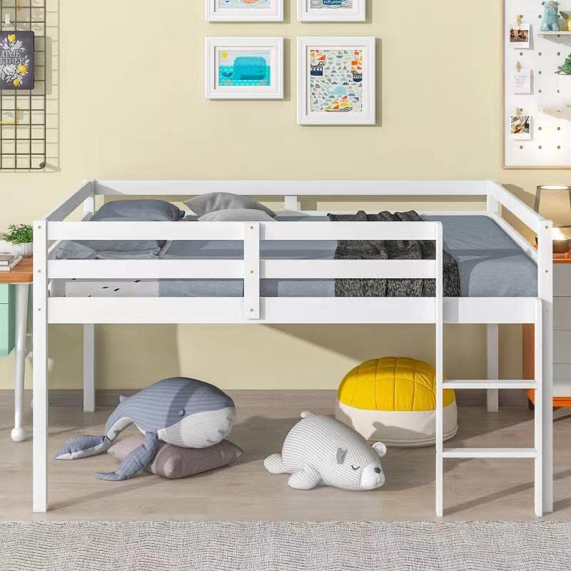 Harper & Bright Designs Full Loft Bed for Kids,Solid Wood Low Loft Bed with Guardrails and Ladder,Full Size Junior Loft Bed with Underneath Space for Boys or Girls,No Box Spring Needed, White