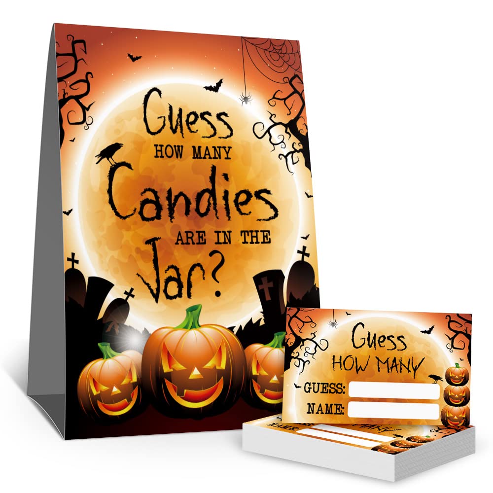 Halloween Guess How Many Candies Baby Shower Party Game Cards, Funny Pumpkin Orange Party Raffle Ticket, Gag Activities Party Decorations Game Cards Kit (1 Standing Sign + 50 Guessing Cards)