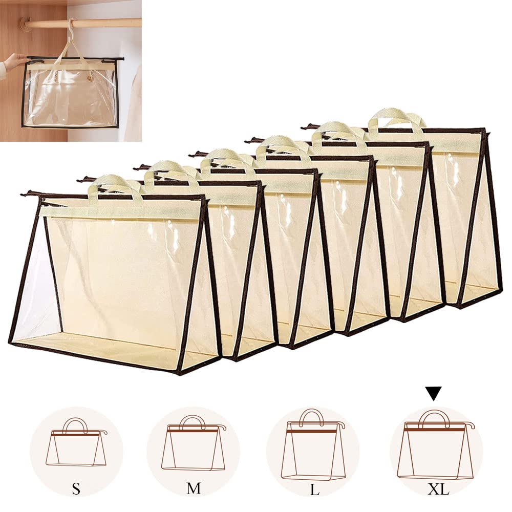 fazhongfa 6PCS Dust Bags for Handbags Clear Purse Storage Organizer Non-Woven Hanging Bag Closet with Zipper and Handle (XL Cream Color)