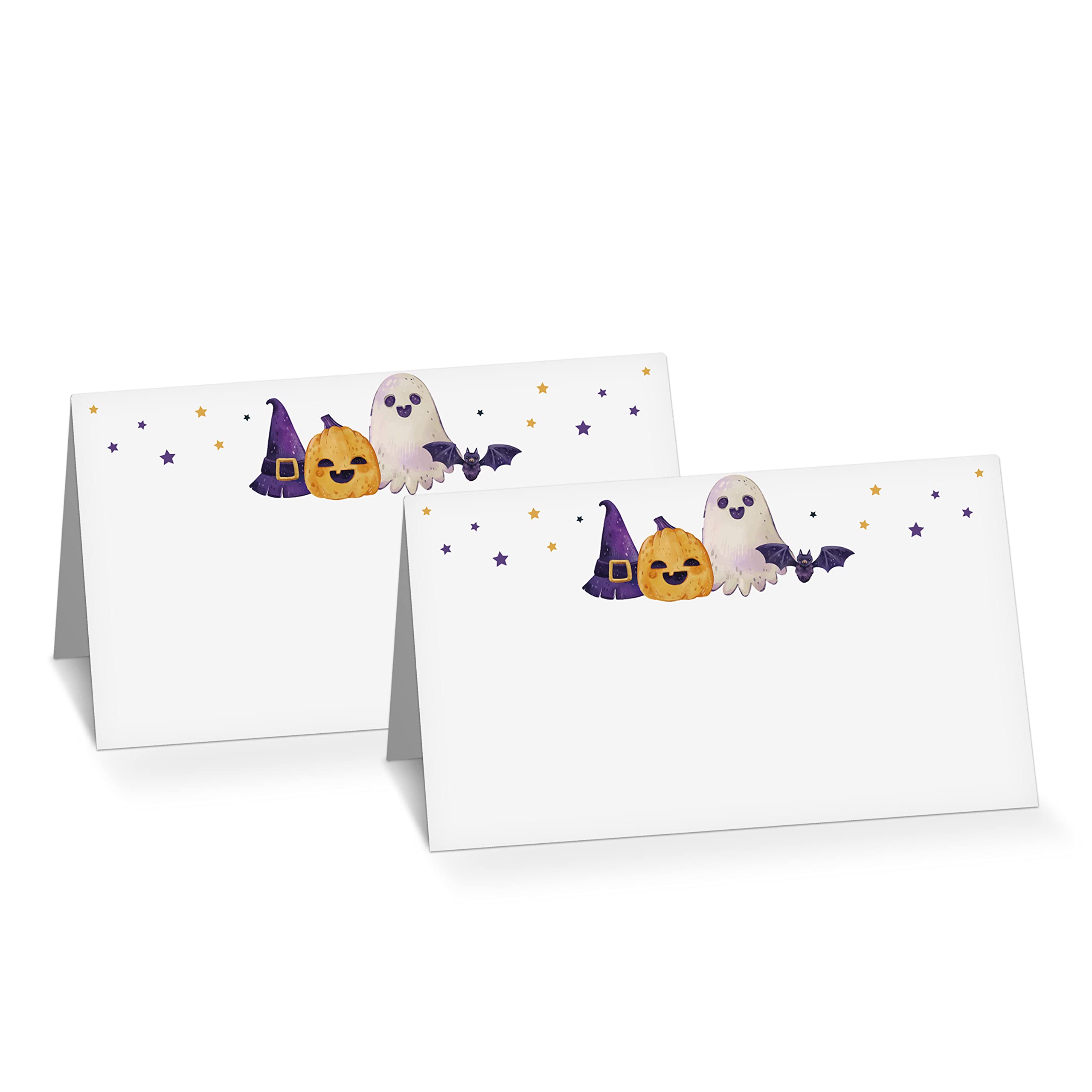 Halloween Table Place Card, 25 Pcs Tent Style Cards Set with Pumpkin and Ghost, Editable Name Cards for Table Seating, Scored for Easy Folding, Food Lables for Halloween Party (01)