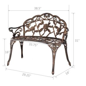 CIYOUNG Outdoor Loveseat Bench, Anti-Rust Aluminum Metal Seating Furniture for Garden Patio Porch Park Deck Lawn w/Floral Rose - Bronze