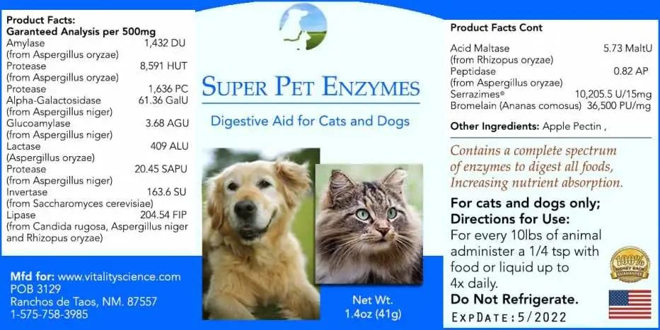 Vitality Science All Natural Super Pet Enzymes for Dogs | Complete Spectrum of Digestive Enzymes | Helps Dog Diarrhea, Constipation, Digestion, Allergy & Immunity