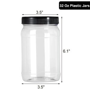 Fasmov 9 Pack 32 Oz Plastic Jars with Black Lids, Wide Mouth Clear Empty Plastic Storage Containers for Crafts, Dry Food, Peanut Butter, Honey and Jam Storage