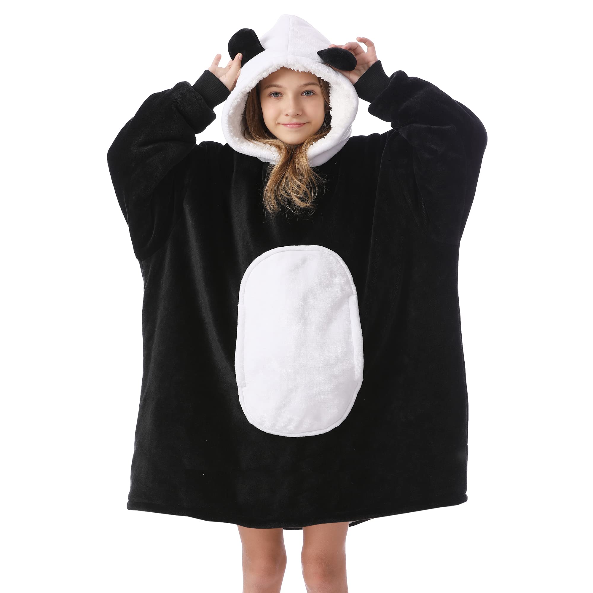 Kipswiza Blanket Hoodie for Kids Oversized Wearable Blanket Super Soft Warm Sherpa Fleece Blanket Sweatshirt for Boys Girls Children Gifts Black Panda