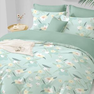 SAPHREAS Green Bedding Comforter Cover Set with Fitted Sheet 4pcs King Size 100% Cotton Classic White Flower Comforter Cover Set 1 Duvet Cover 2 Pillow Shams 1 Fitted Sheet