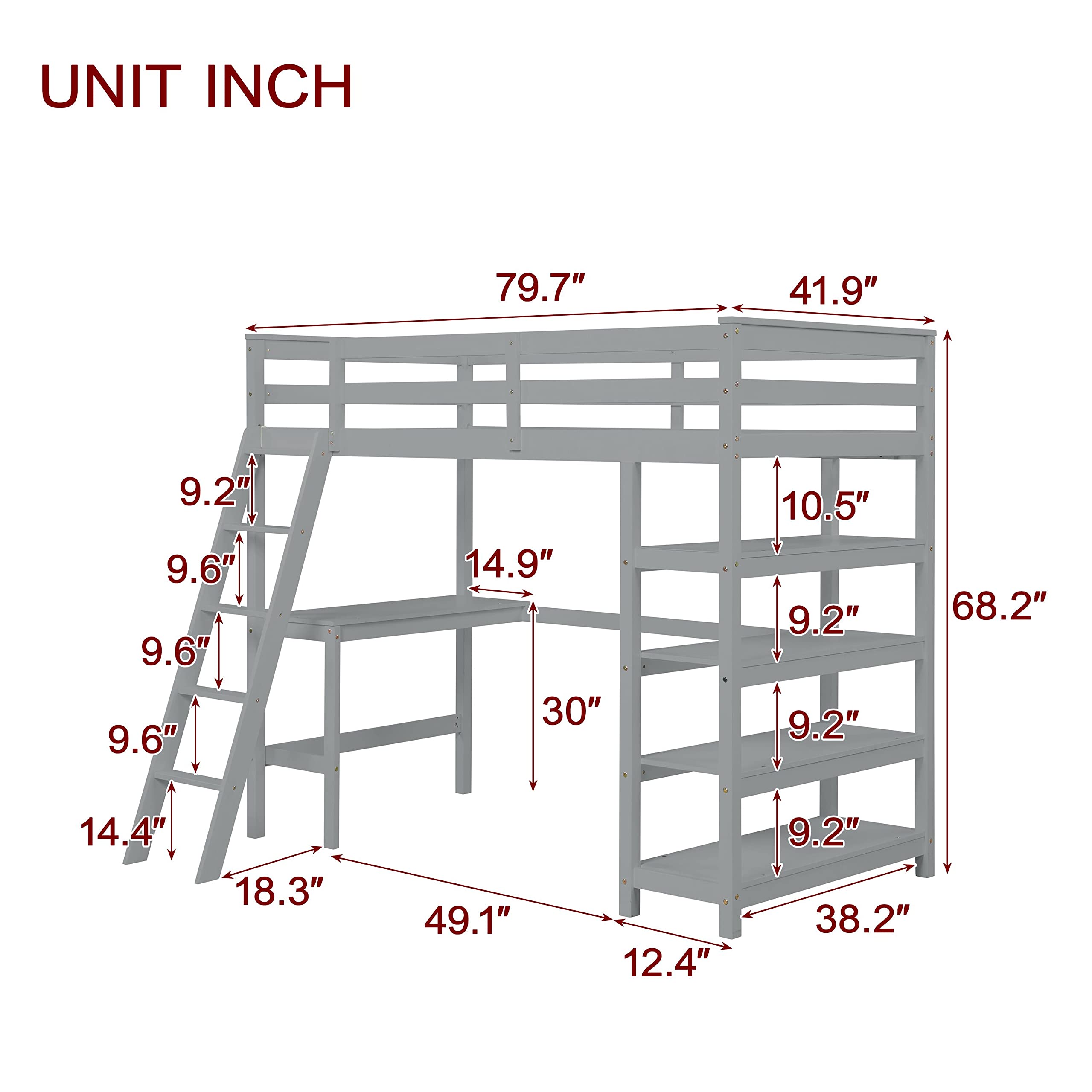 Bellemave Twin Loft Bed with Desk & Shelves for Teens Adults, Wood High Loft Bed Frame with Bookcase & Angle Ladder for Kids Boys Girls, Full-Length Guardrail, Twin Size, Gray