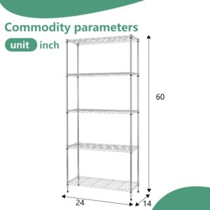 FDW 24" L×14" W×60" H Wire Shelving Unit Metal Shelf with 5 Tier Layer Rack Strong Steel for Restaurant Garage Pantry Kitchen Garage,Chrome