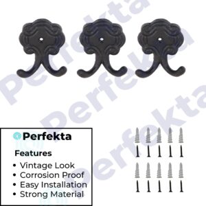 Decorative Cast Iron Wall Mounted Hooks | Pack of 3 | Heavy Duty Black | Hooks for Bathroom, Bedroom, Hat Hooks, Purse Rack, Coat Hook, Mudroom | Include Mounting Hardware