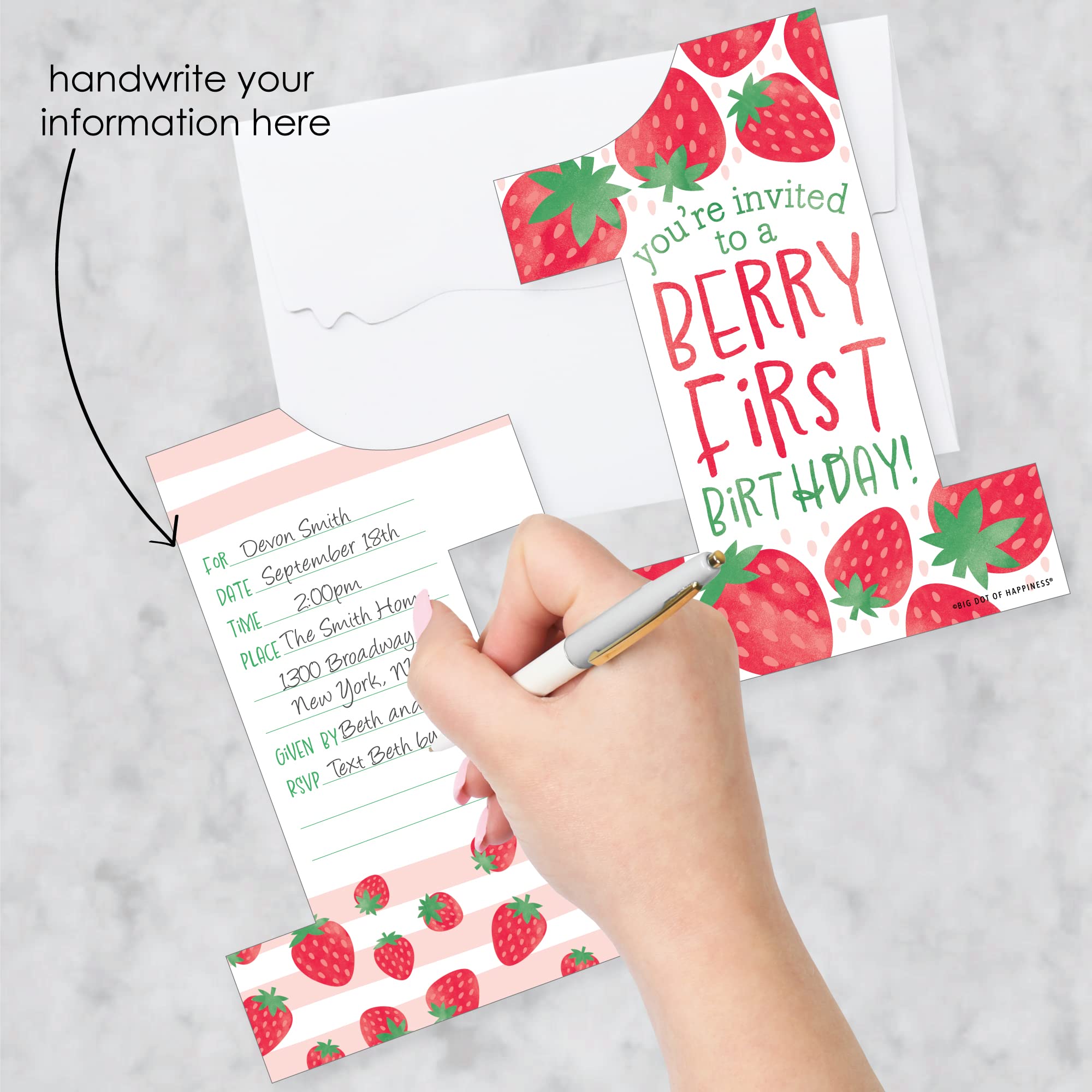 Big Dot of Happiness Berry First Birthday - Sweet Strawberry - Shaped Fill-In Invitations - Fruit 1st Birthday Party Invitation Cards with Envelopes - Set of 12