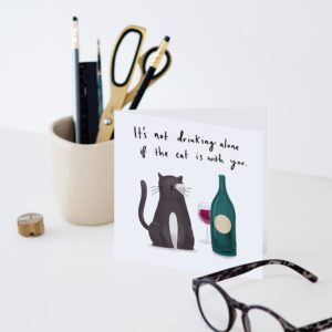 Old English Co. Funny Drinking Wine Cat Birthday Card - Humourous Joke Greeting Card | For Friends and Family | Blank Inside & Envelope Included