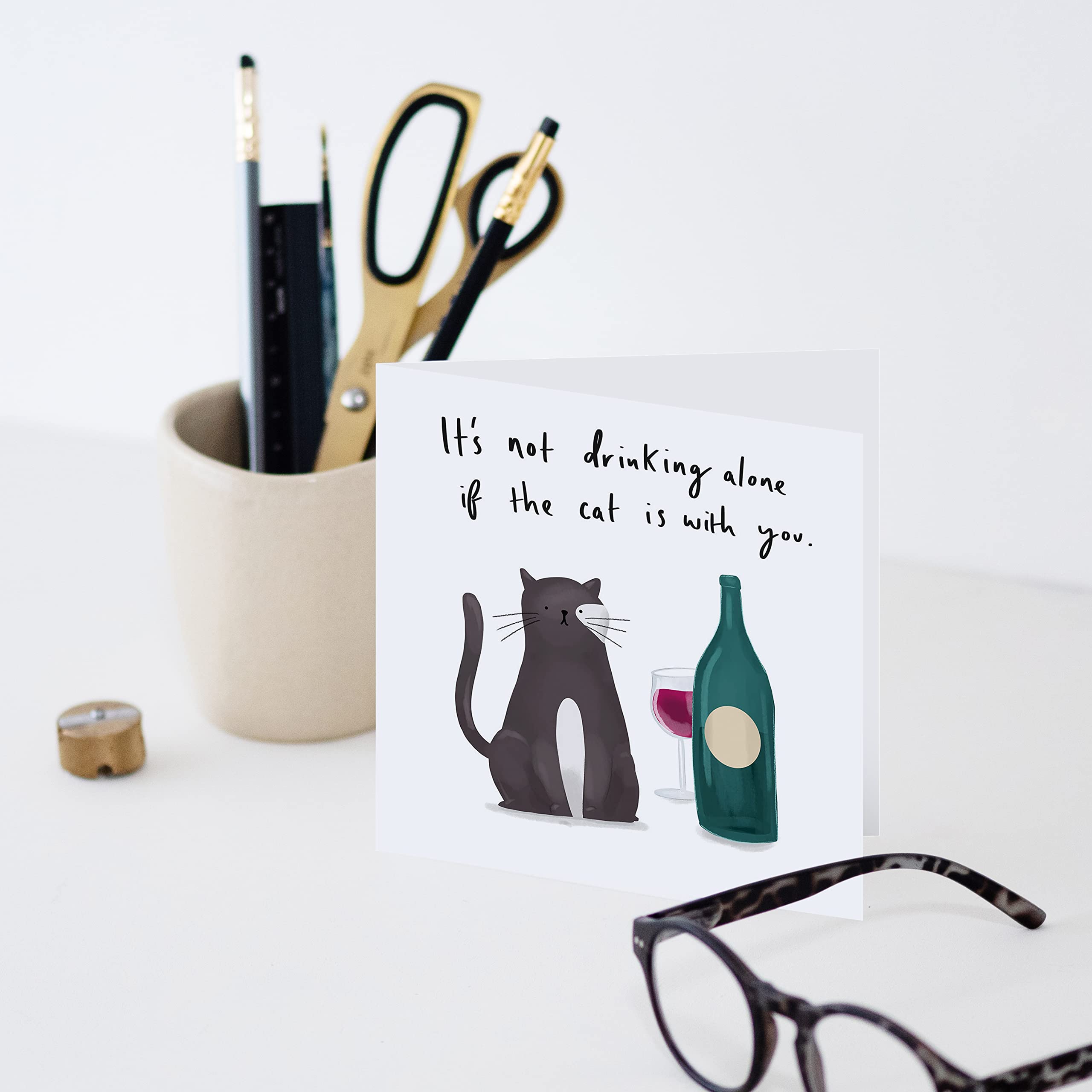 Old English Co. Funny Drinking Wine Cat Birthday Card - Humourous Joke Greeting Card | For Friends and Family | Blank Inside & Envelope Included