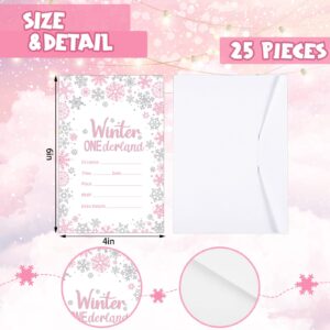 25 Pcs Winter Onederland Birthday Party Invitations with Envelopes First Birthday Decorations Winter Snowflakes Silver Pink Invitations for Holiday Winter 1st Birthday Party Supplies, 4 x 6 Inch