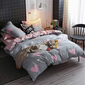 koudi kids girls duvet cover set full pink/grey reversible soft microfiber bedding set sweet heart and pink white plaid bedroom comforter cover for teen girls 3pcs