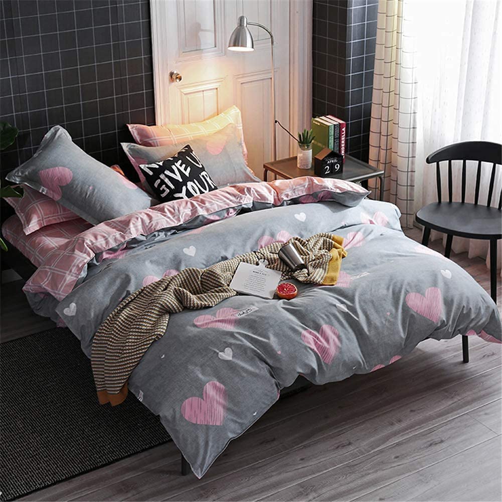 Koudi Kids Girls Duvet Cover Set Full Pink/Grey Reversible Soft Microfiber Bedding Set Sweet Heart and Pink White Plaid Bedroom Comforter Cover for Teen Girls 3pcs