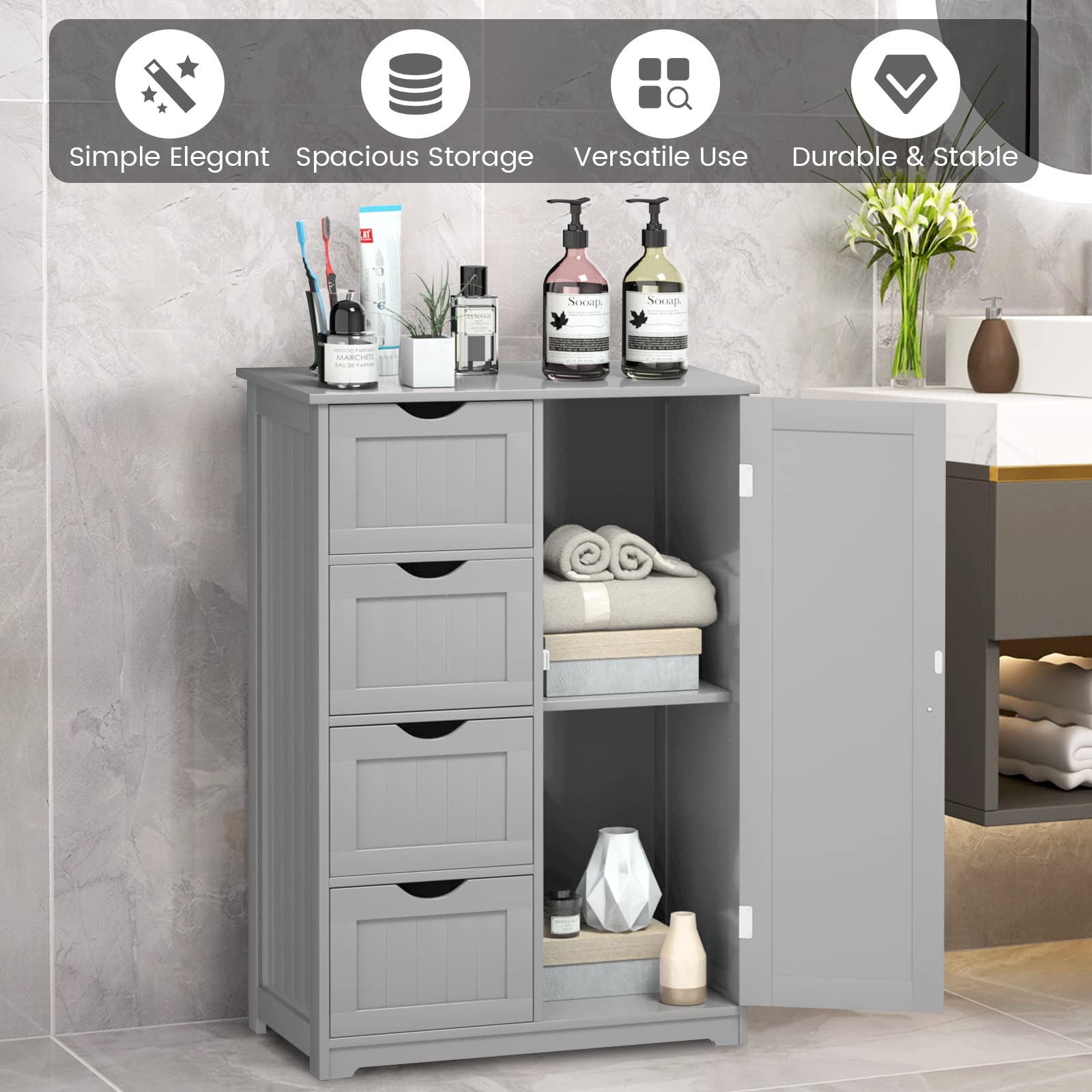 COSTWAY Bathroom Storage Cabinet, Wooden Freestanding Storage Cupboard Organizer with 4 Drawers & Adjustable Shelf, Modern Floor Cabinet for Living Room, Bathroom, Kitchen, Entryway (Grey)