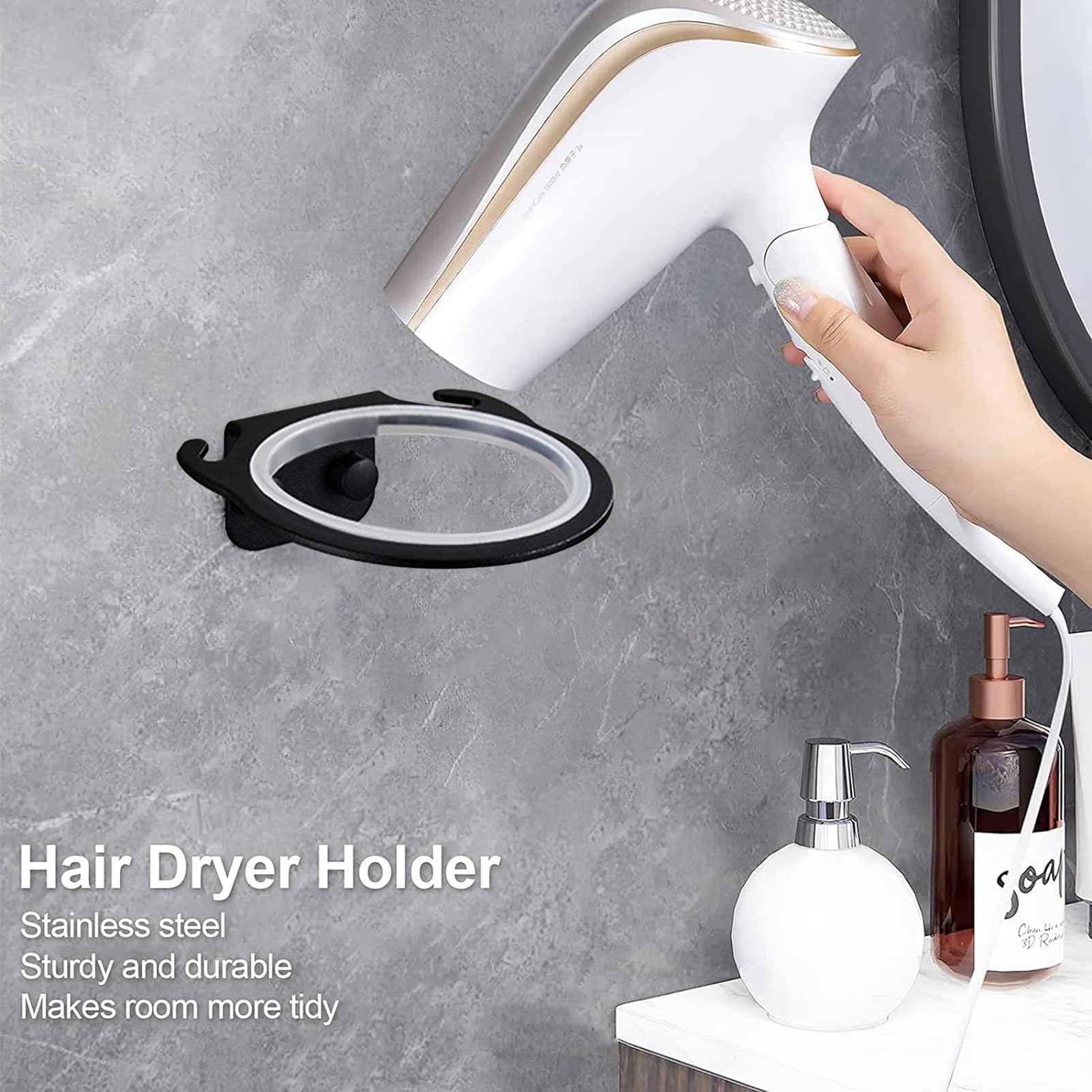 Serlium Hair Dryer Holder, Aluminum Material Hairdryer Stand Wall Mounted Hairdryer Holder for Dressing Table Bathroom Hair Salon Hotel