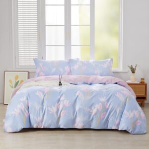 saphreas queen size floral duvet cover set 3pcs cotton blue pink orchid flower printed bedding comforter cover set 100% cotton 1 quilt cover 90"x90" 2 pillow shams(no comforter)