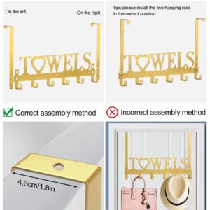 WeeksEight Over The Door Towel Rack, Metal Bath Towel Holder Hanger for Bathroom Bedroom Door Hanging Towels Bathrobe Robe, Towel Hooks for Bathrooms (6 Hooks Gold)