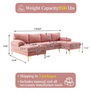 Homtique U Shaped Sectional Couch,Modern Large Modular Sectional Sofa for Living Room,Chenille Fabric Oversized Couch with Chaise Lounge and Golden Legs (Pink)