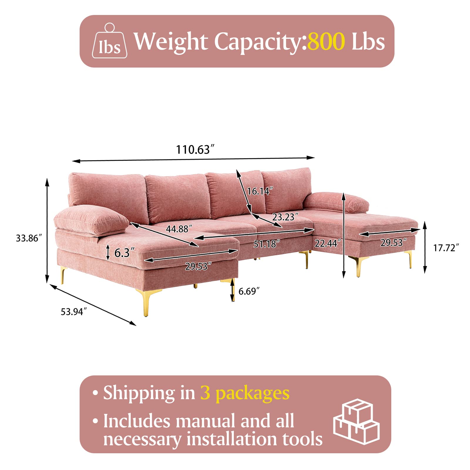 Homtique U Shaped Sectional Couch,Modern Large Modular Sectional Sofa for Living Room,Chenille Fabric Oversized Couch with Chaise Lounge and Golden Legs (Pink)