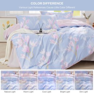 SAPHREAS Queen Size Floral Duvet Cover Set 3pcs Cotton Blue Pink Orchid Flower Printed Bedding Comforter Cover Set 100% Cotton 1 Quilt Cover 90"x90" 2 Pillow Shams(No Comforter)