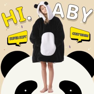 Kipswiza Blanket Hoodie for Kids Oversized Wearable Blanket Super Soft Warm Sherpa Fleece Blanket Sweatshirt for Boys Girls Children Gifts Black Panda