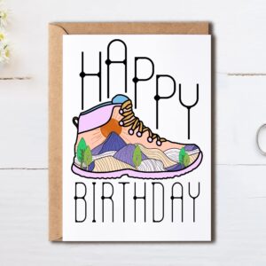 OystersPearl Happy Birthday Card - Happy Birthday Card With Hiking Boot And Mountains For Outdoor Enthusiast - Gift For Outdoor Lover - Climbing Card