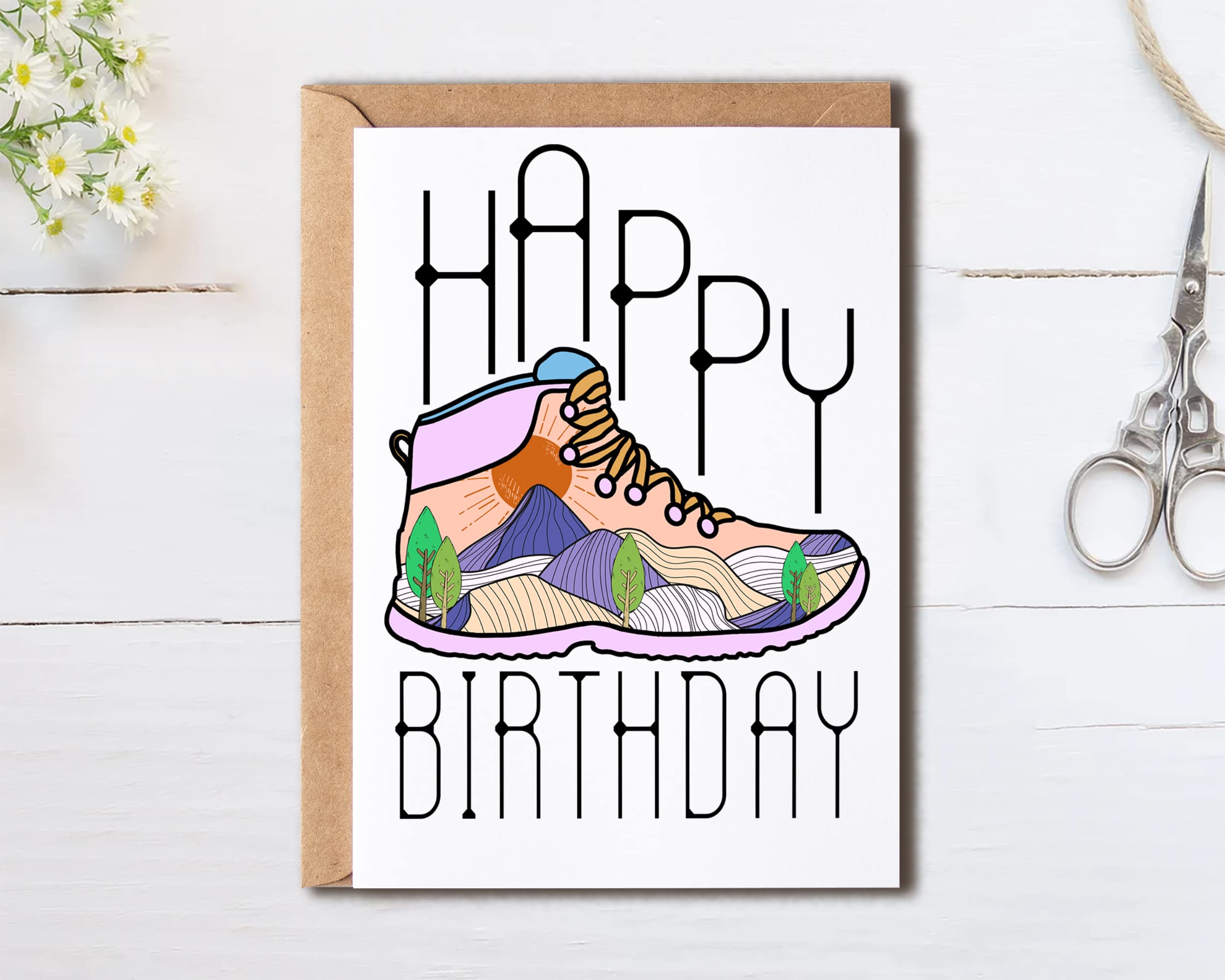 OystersPearl Happy Birthday Card - Happy Birthday Card With Hiking Boot And Mountains For Outdoor Enthusiast - Gift For Outdoor Lover - Climbing Card