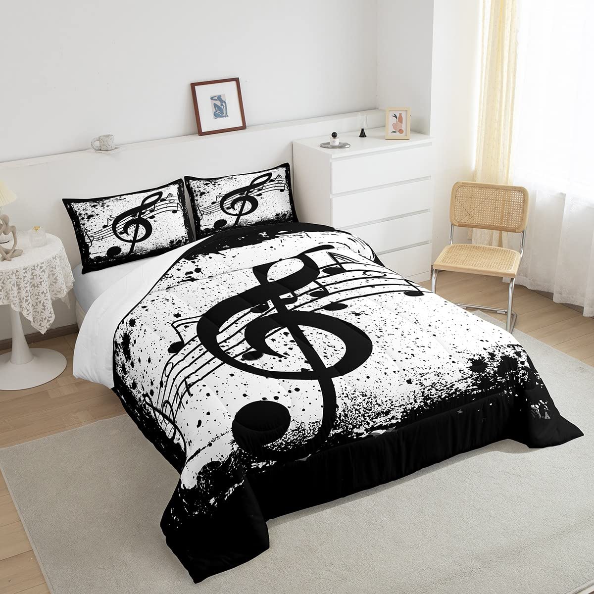 Music Bedding Set Full Size,Black Melody Note Comforter Set For Kids Boys Girls Musician Bedroom Decor,Tie Dye Rhythm Pattern Duvet Insert,Modern Soft Music Theme Quilted Comforter With 2 Pillow Cases