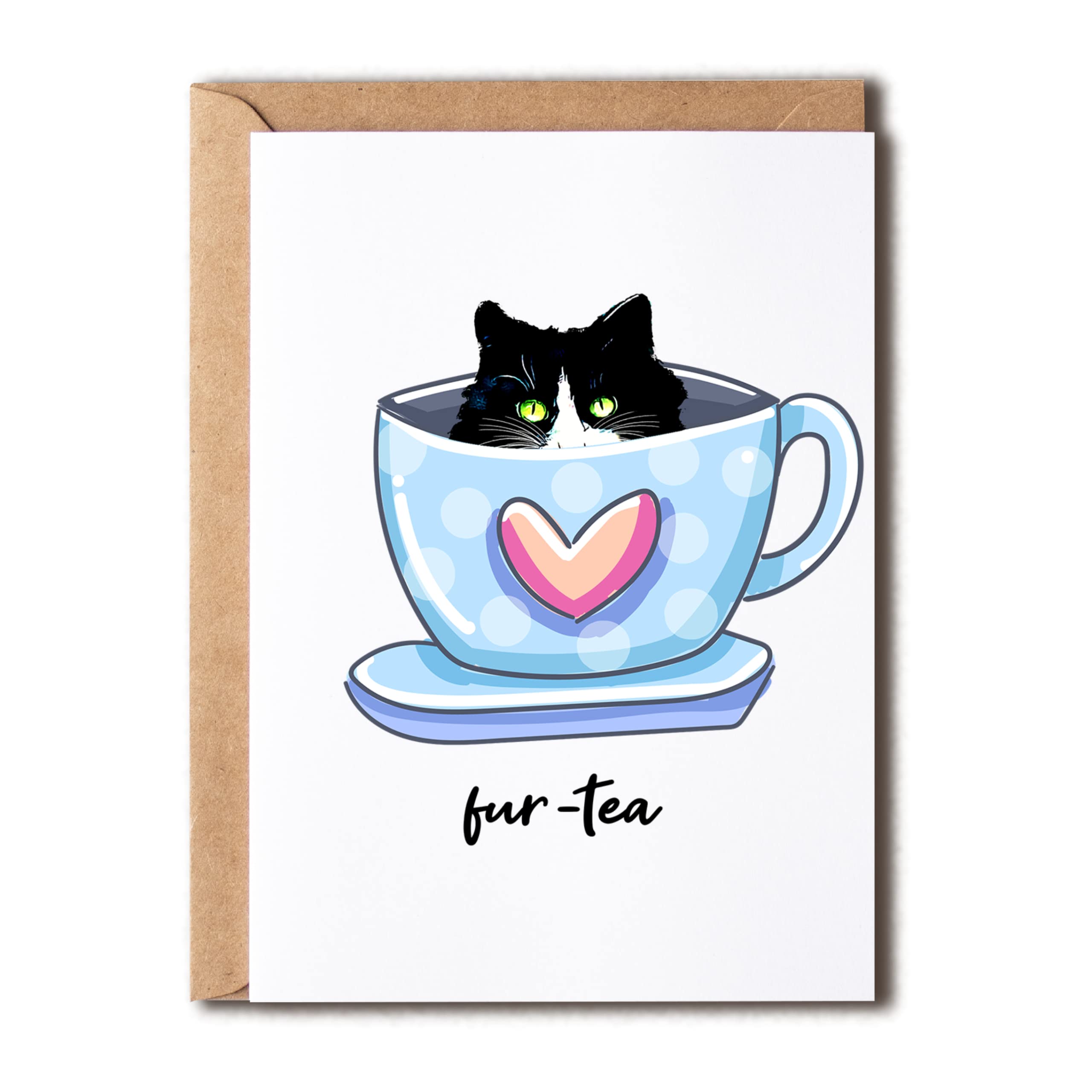 OystersPearl Fur-Tea Funny Birthday Card - Cat Lover Funny Birthday Card - Funny Cat Pun - Cat Coffee - Funny Card - Cat Lover Gift Card