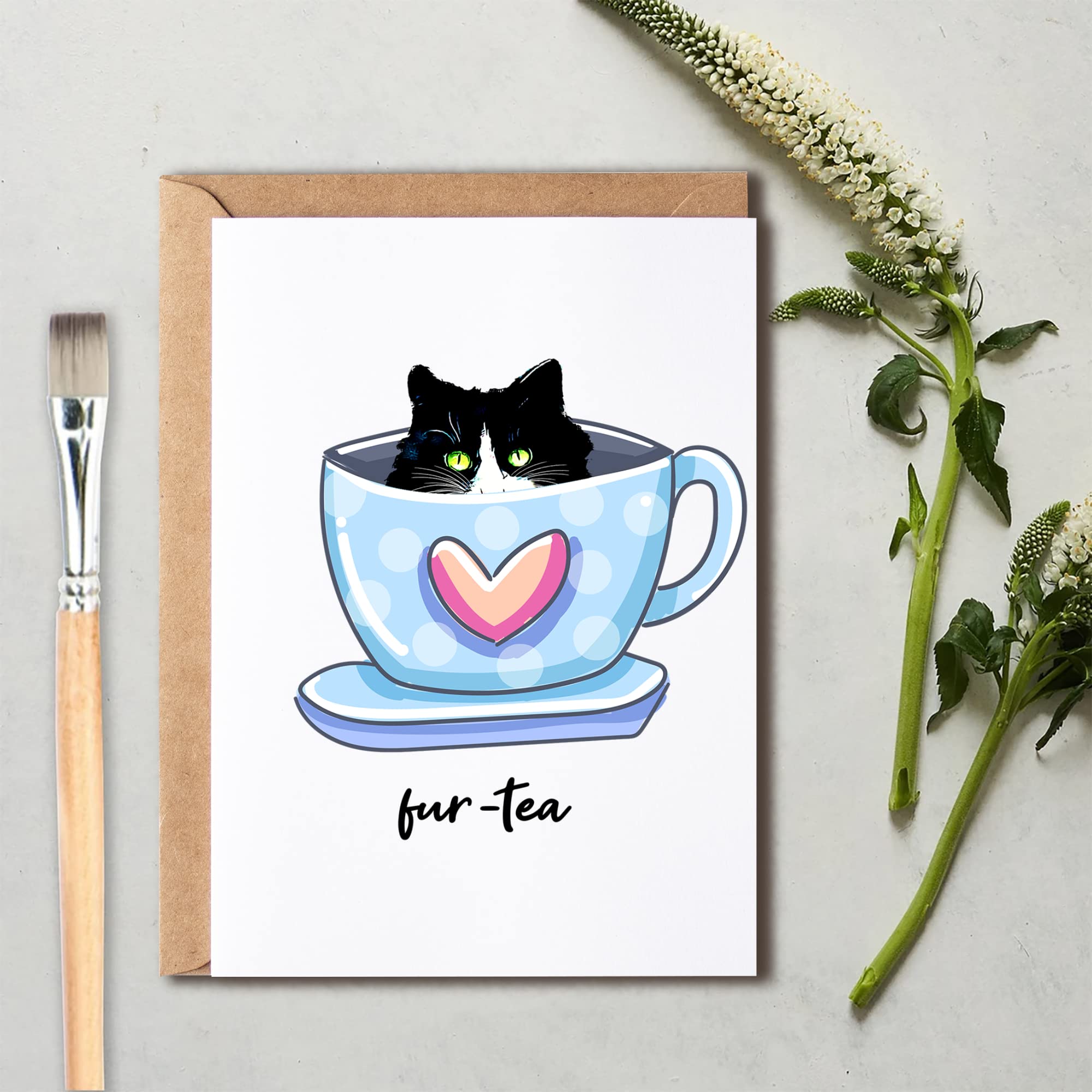 OystersPearl Fur-Tea Funny Birthday Card - Cat Lover Funny Birthday Card - Funny Cat Pun - Cat Coffee - Funny Card - Cat Lover Gift Card