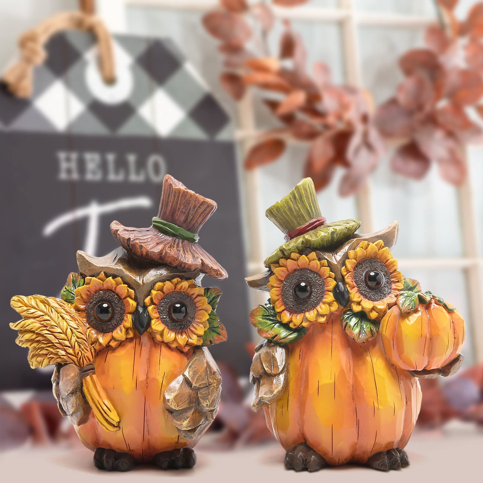 Hodao Owl Sculpture - Resin Thanksgiving Decor, Handmade Fall Centerpiece in Country Style, Unique Patented Design, 5.5 inches Tall