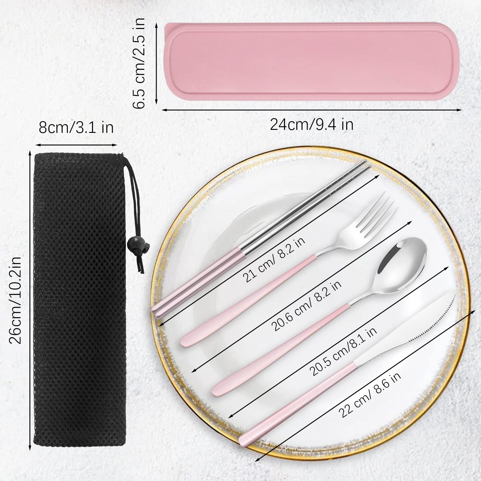 Portable Travel Utensils Set with Case, Pink Reusable Silverware Set, TWUTGAYW 18/8 Stainless Steel Knife Forks Spoons Chopsticks Reusable Travel Camping Cutlery for Lunch Box Office Picnic Daily Use