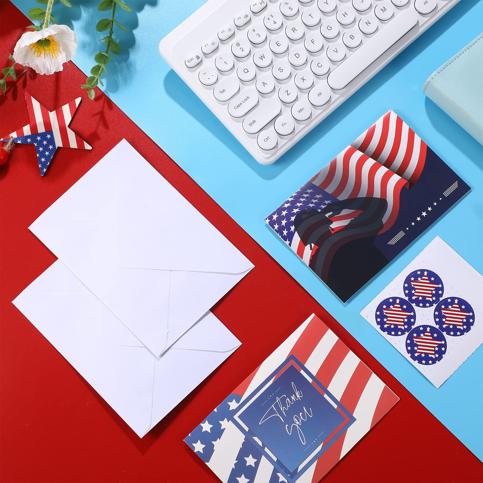 Crtiin 130 Pcs Patriotic Blank Note Cards with Envelopes American Flag White Greeting Cards 4th of July Thank You Cards Envelopes Bulk Red White Blue Sticker Seals Party Essentials for Veterans Day