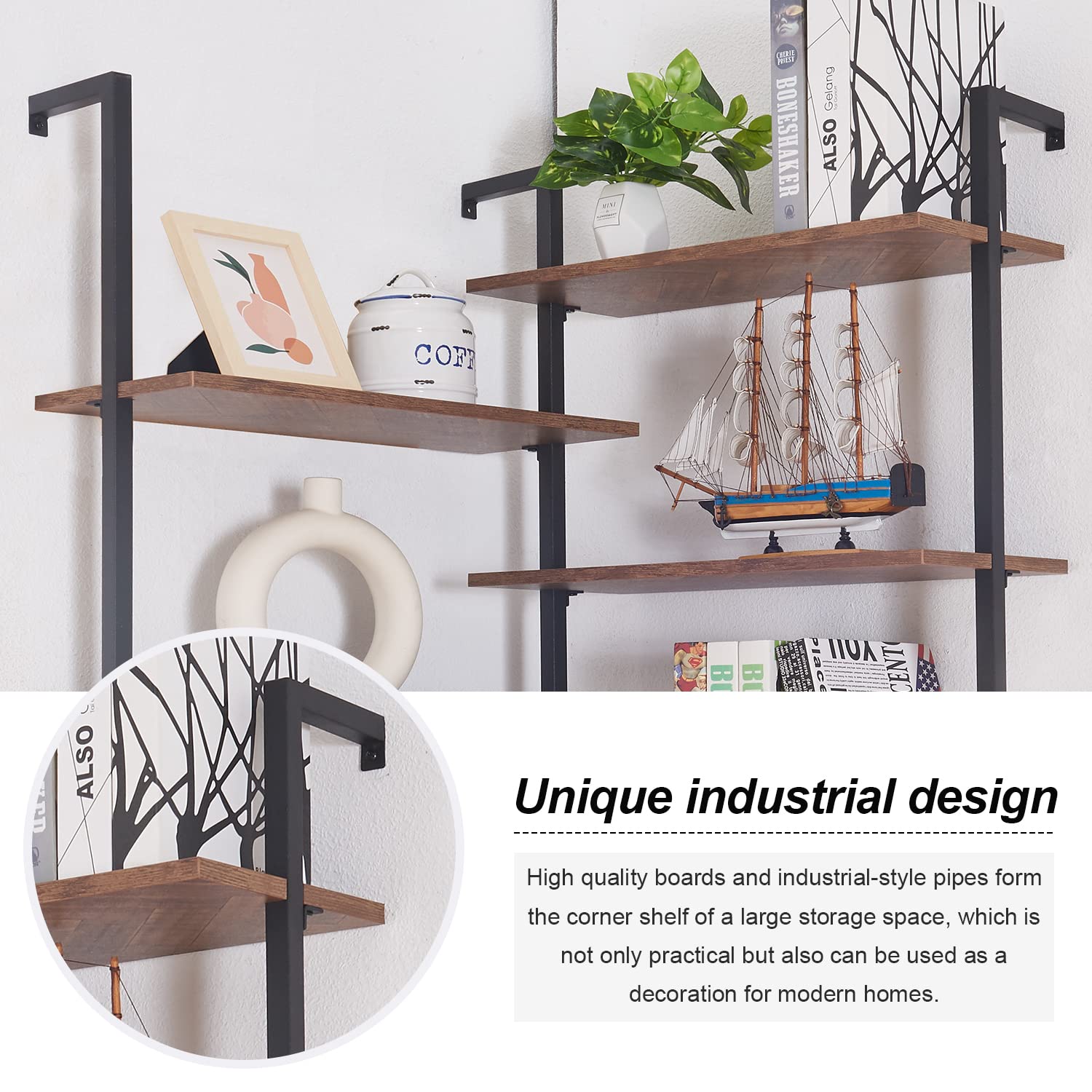 HOMISSUE Corner Bookshelf,12-Tier L Shaped Bookshelf, Double Wide Corner Wall Mount Bookcase with Metal Frame and Wood, Modern Industrial Corner Shelf for Living Room, Kitchen, Home Office Brown