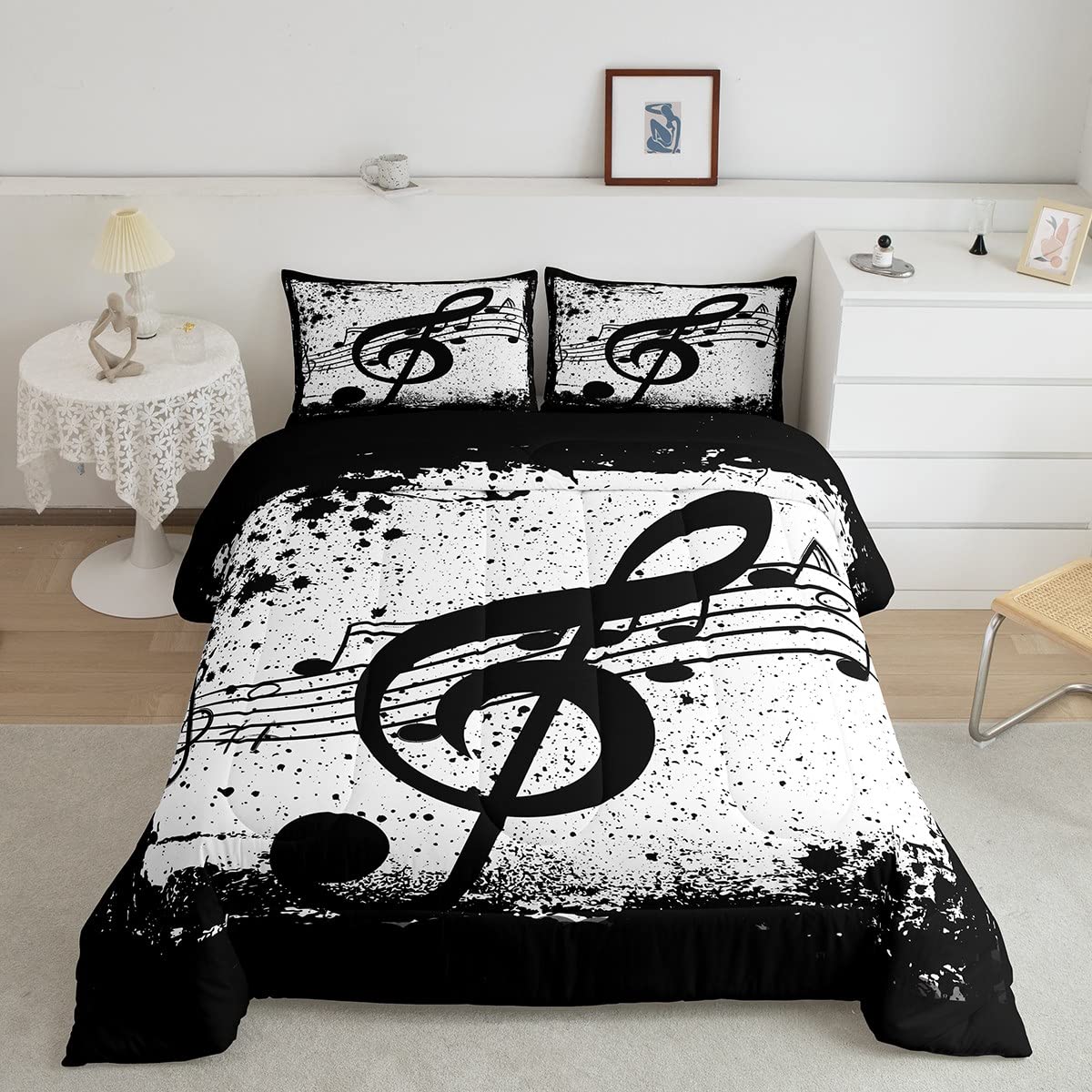 Music Bedding Set Full Size,Black Melody Note Comforter Set For Kids Boys Girls Musician Bedroom Decor,Tie Dye Rhythm Pattern Duvet Insert,Modern Soft Music Theme Quilted Comforter With 2 Pillow Cases