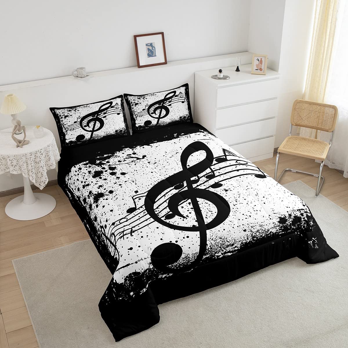 Music Bedding Set Full Size,Black Melody Note Comforter Set For Kids Boys Girls Musician Bedroom Decor,Tie Dye Rhythm Pattern Duvet Insert,Modern Soft Music Theme Quilted Comforter With 2 Pillow Cases