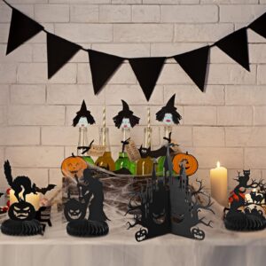 9 Pieces Halloween Honeycomb Centerpiece Happy Halloween Paper Fans Decoration Skull Ghost Pumpkin Witch Bat Cat Birdcage Candlelight 3D Black Silhouette Table Centerpiece for Party Favor Supplies