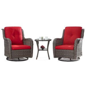 MeetLeisure Outdoor 360 Degree Swivel Rocker Patio Chairs Sets of 2 and Matching Side Table - 3 Piece Patio Wicker Glider Chairs with Olefin Cushions(Mixed Grey/Red)