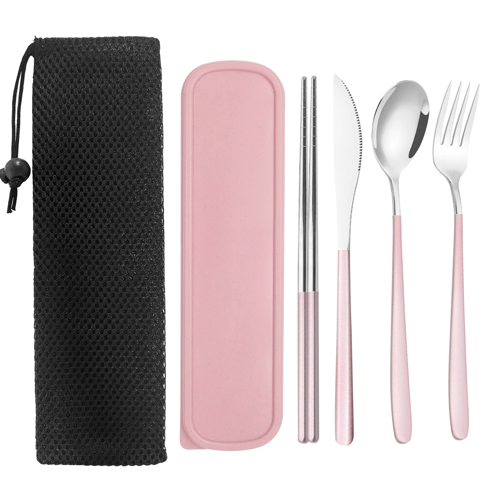 Portable Travel Utensils Set with Case, Pink Reusable Silverware Set, TWUTGAYW 18/8 Stainless Steel Knife Forks Spoons Chopsticks Reusable Travel Camping Cutlery for Lunch Box Office Picnic Daily Use