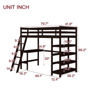 Bellemave Twin Loft Bed with Desk & Shelves for Teens Adults, Wood High Loft Bed Frame with Bookcase & Angle Ladder for Kids Boys Girls, Full-Length Guardrail, Twin Size, Espresso