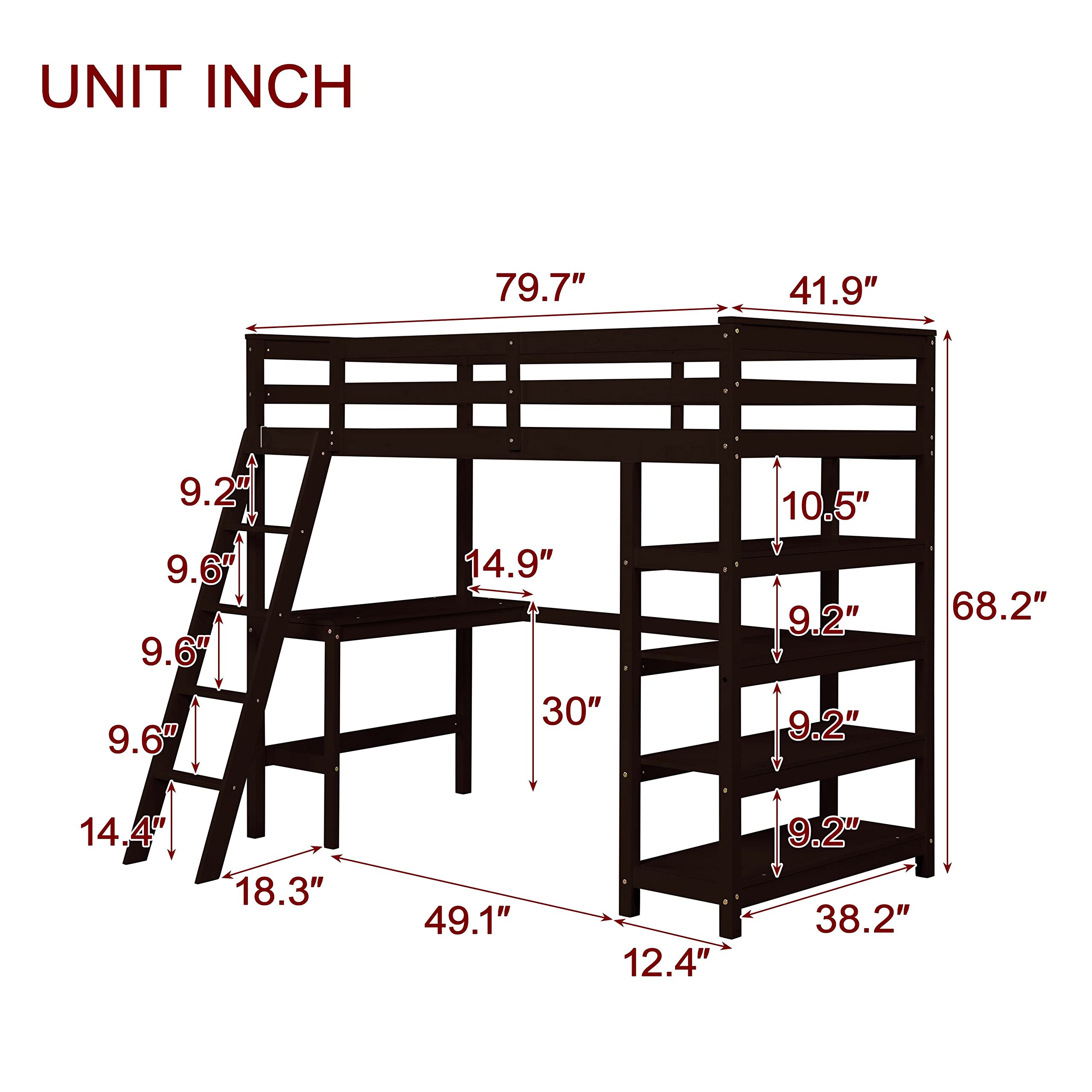 Bellemave Twin Loft Bed with Desk & Shelves for Teens Adults, Wood High Loft Bed Frame with Bookcase & Angle Ladder for Kids Boys Girls, Full-Length Guardrail, Twin Size, Espresso