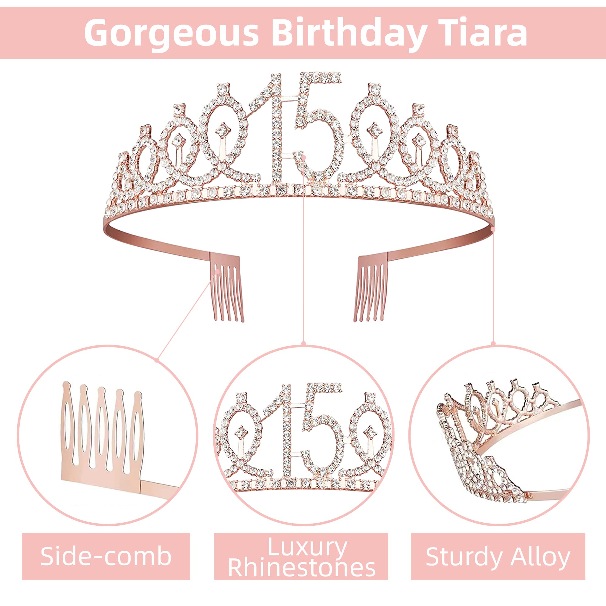 PHD CAKE 15th Birthday Decorations for Girls, Including 15th Birthday Crown/Tiara, Sash, Birthday Candles, 15 Number Balloon, Happy 15th Birthday Decorations for Girls