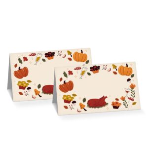 fall thanksgiving table place card, 25 pcs tent style cards set with pumpkin and maple leaf, editable name cards for table seating, scored for easy folding, food lables for autumn party (02)