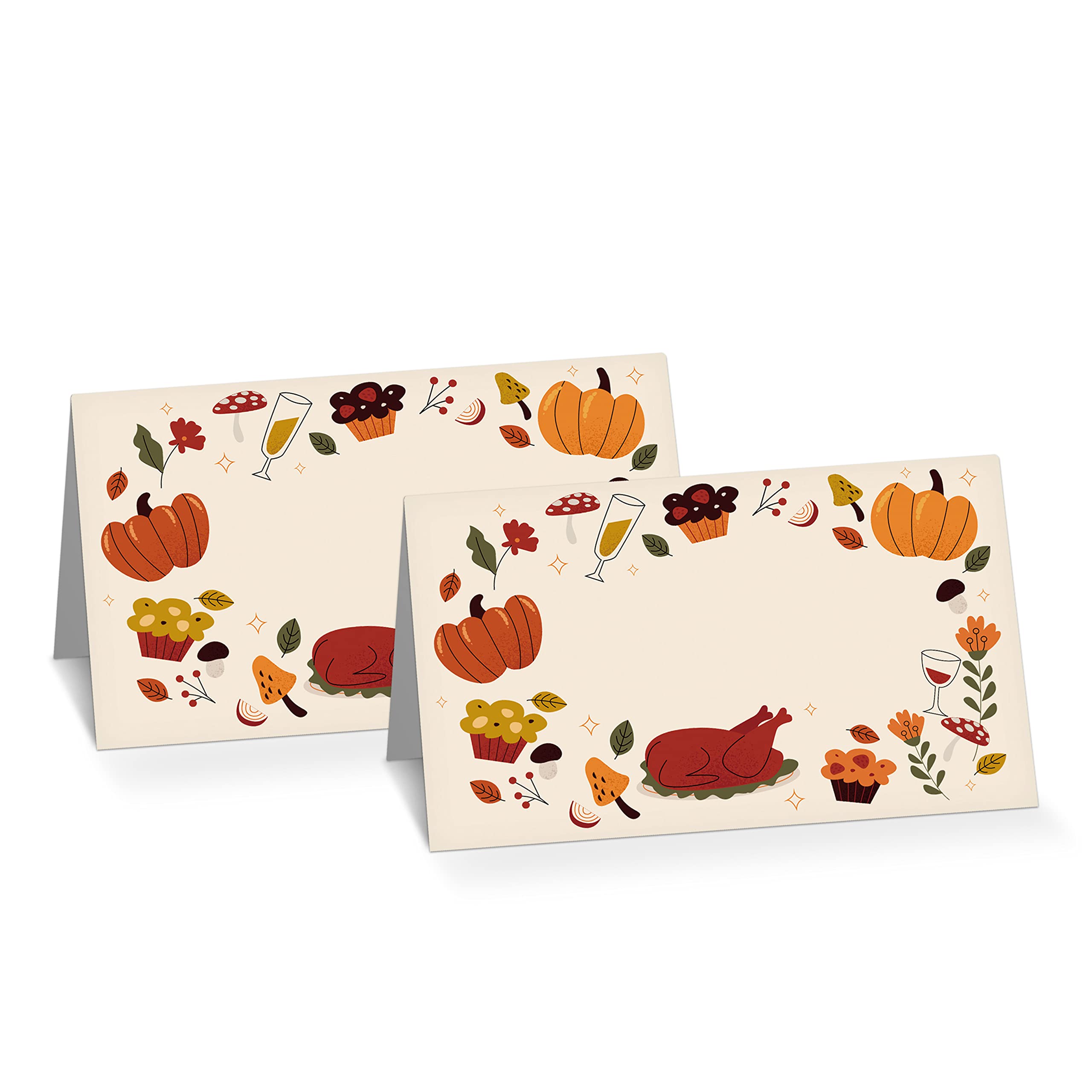 Fall Thanksgiving Table Place Card, 25 Pcs Tent Style Cards Set with Pumpkin and Maple Leaf, Editable Name Cards for Table Seating, Scored for Easy Folding, Food Lables for Autumn Party (02)