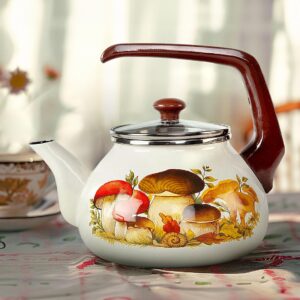 Enameled Aluminum Tea Kettle Mushrooms Enamel Kettle 2.3-qt. (2.2 L) Hot Water TeaKettle pot for Stovetop Teapot Ideal for Camping