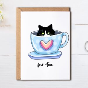 OystersPearl Fur-Tea Funny Birthday Card - Cat Lover Funny Birthday Card - Funny Cat Pun - Cat Coffee - Funny Card - Cat Lover Gift Card