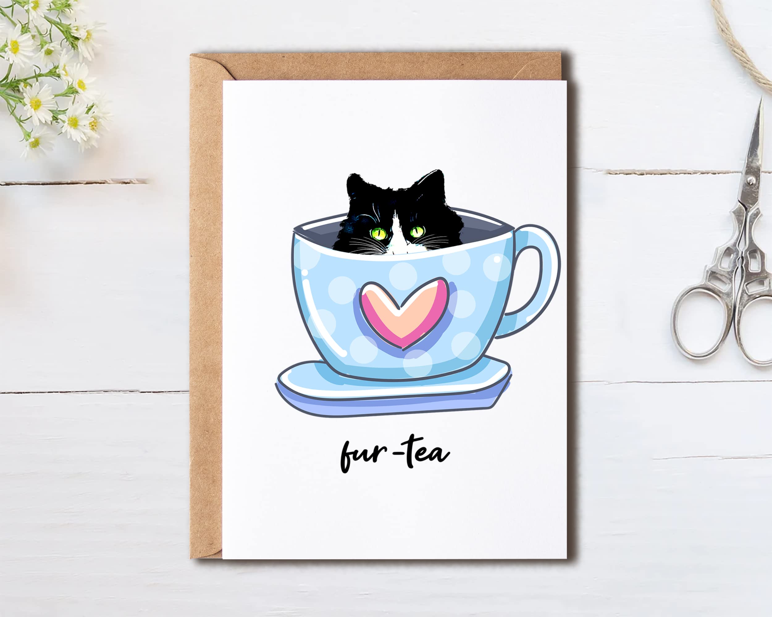 OystersPearl Fur-Tea Funny Birthday Card - Cat Lover Funny Birthday Card - Funny Cat Pun - Cat Coffee - Funny Card - Cat Lover Gift Card