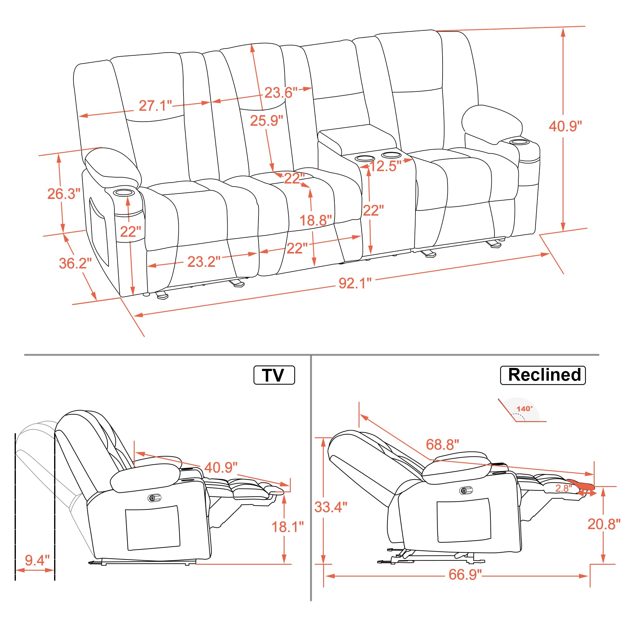 MCombo Power Reclining Sofa with Heat and Vibration,USB Ports, Cup Holders,3-Seat Dual Recliner Sofa with Console for Living Room 6035 (Grey)